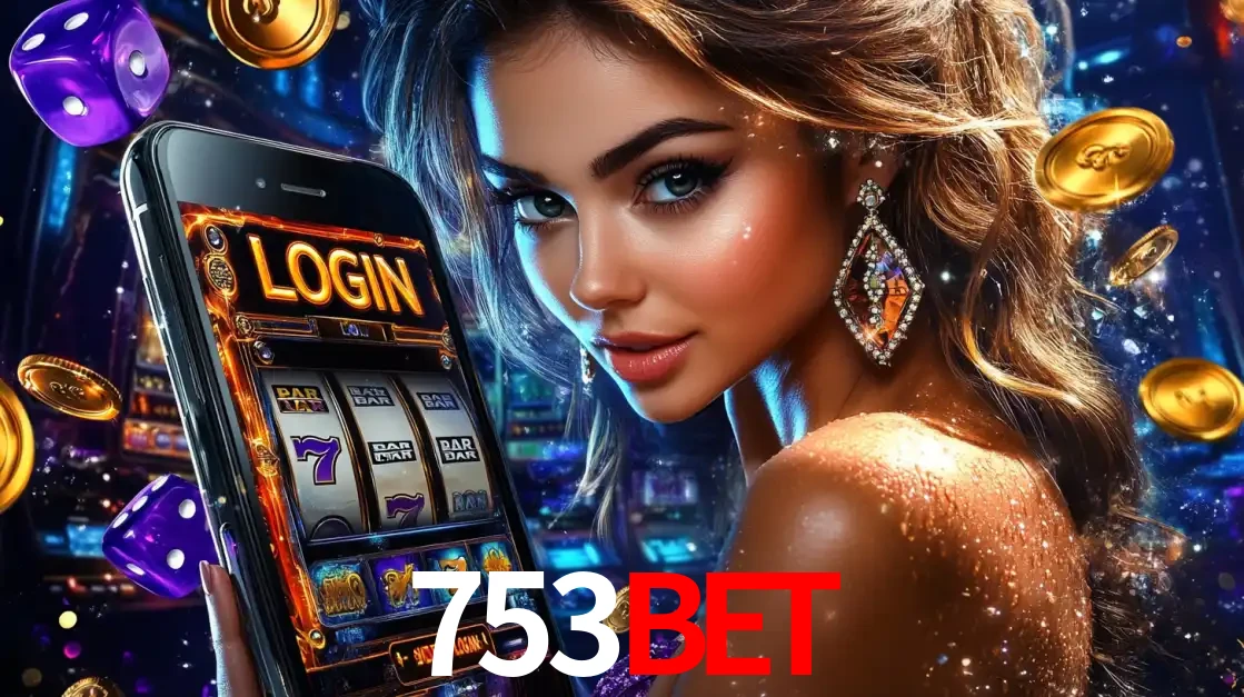 Mulher glamorosa segurando um smartphone com a tela de login para os jogos de caça-níqueis do cassino online 753bet, com moedas de ouro e dados ao redor.