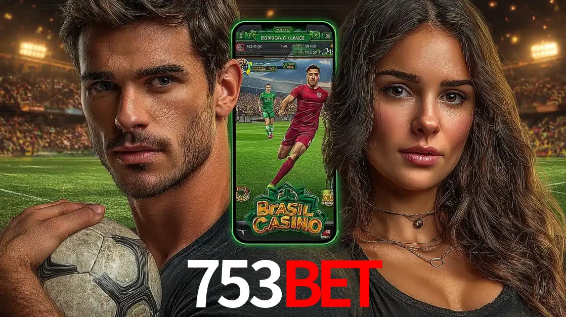 Homem segurando uma bola de futebol e uma mulher ao lado de um smartphone exibindo o jogo de apostas esportivas da 753bet. Faça seu palpite no cassino online.